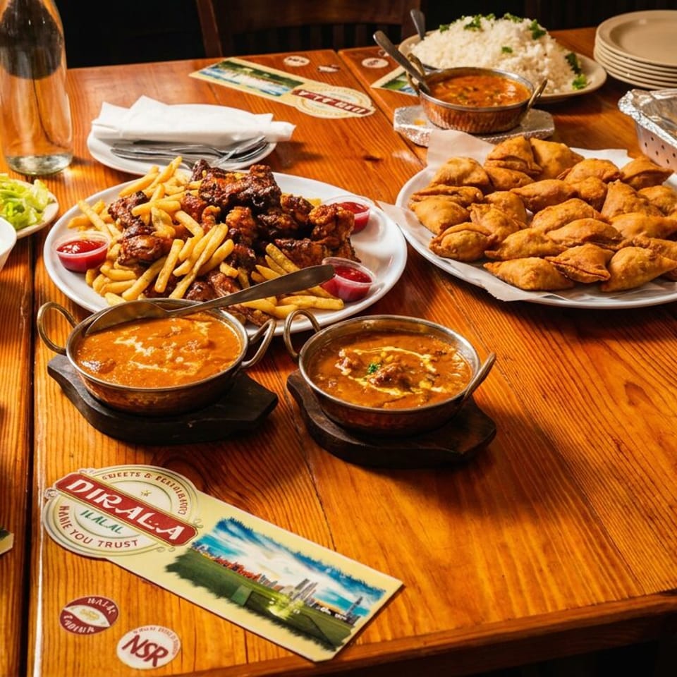 A wooden table displays Middle Eastern dishes including rice, naan, fried pastries, grilled meat, fries, and bowls of curry.