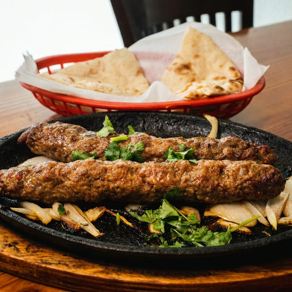 Two grilled meat kebabs garnished with cilantro and onions, served in a cast-iron skillet with naan bread on a wooden table.