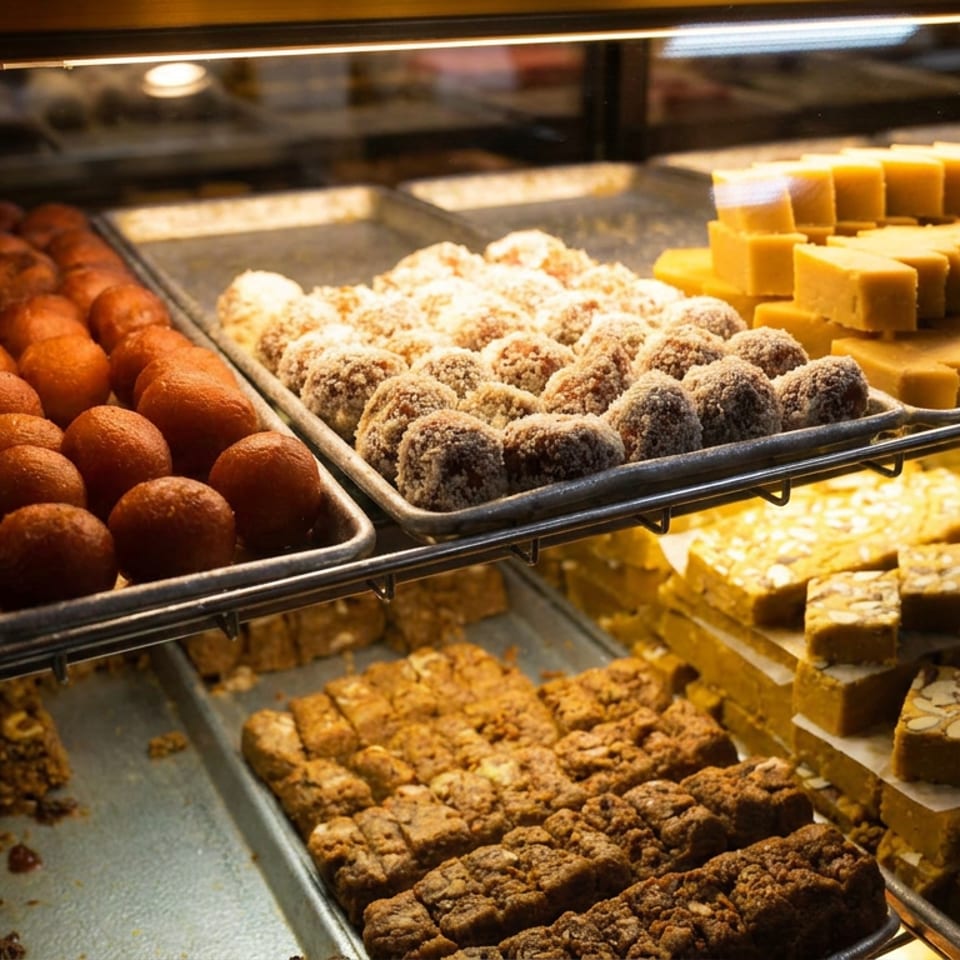 Warmly lit bakery display case filled with rows of pastries, sesame-coated sweets, cheese-colored bars, cookies, and assorted confections.