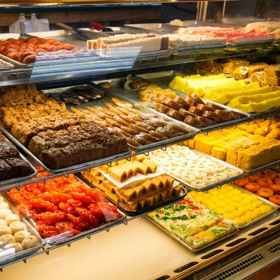Glass display case filled with colorful rows of pastries, cakes, cookies, and sweets in a bakery or restaurant.