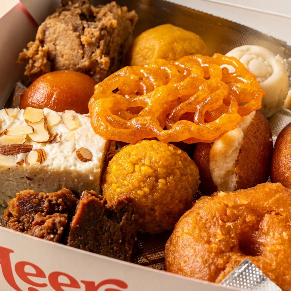 Assorted pastries and donuts, including a glazed cruller, almond-topped cake, filled buns, and fried treats in a bakery box.