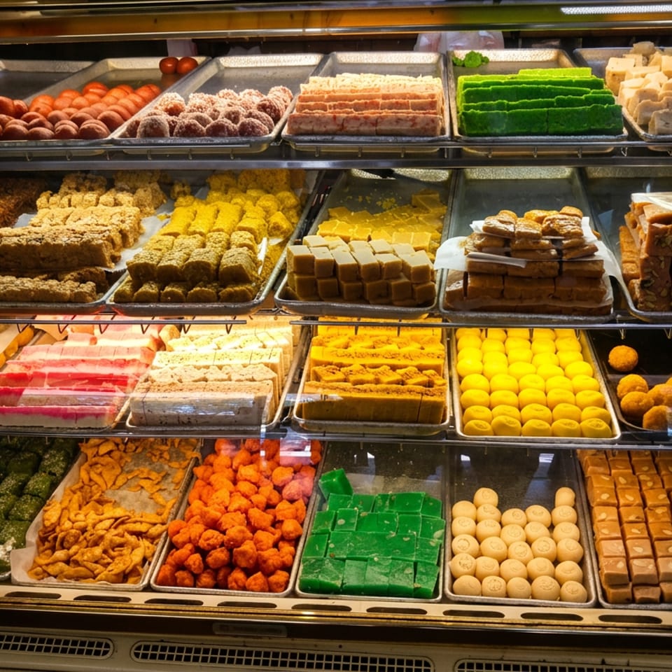 Glass display case filled with colorful assorted sweets, pastries, cookies, and layered desserts arranged on multiple trays.