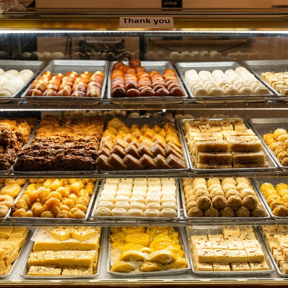 Glass bakery display case filled with rows of assorted golden pastries, cookies, sweets, and packaged pickup orders.