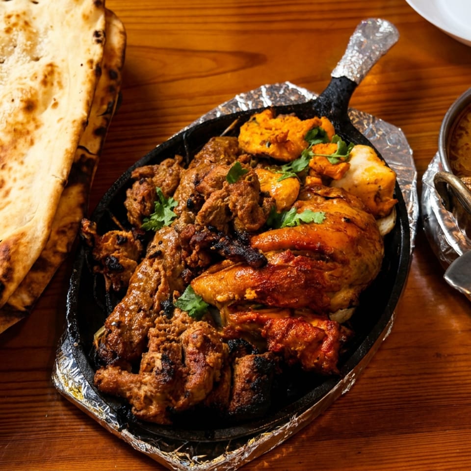 Indian mixed grill with naan bread and curry served in metal dishes on a wooden table.