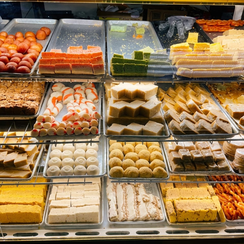 Glass display case showcases trays of assorted colorful sweets, pastries, fried treats, and layered confections.